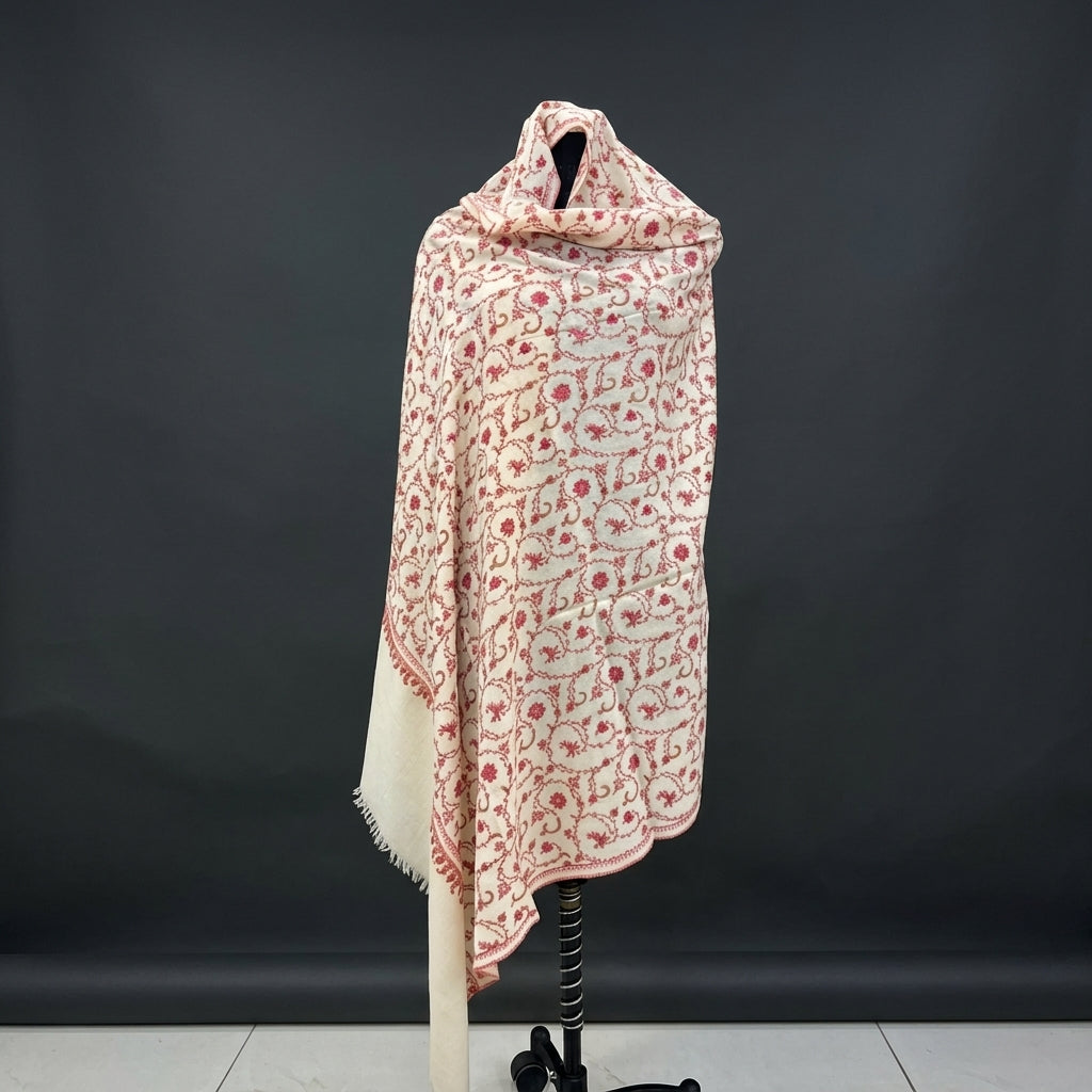 Ivory Jali Pashmina Shawl — Coral, Pink & Amber Full Floral Vine Embroidery