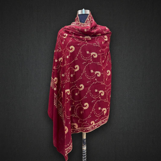 Burgundy Jali Pashmina Shawl — Gold & Silver Spiral Vine Embroidery