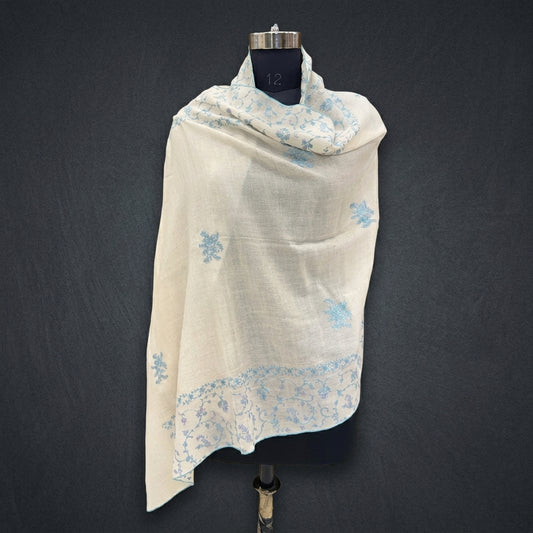 Ivory Jali Pashmina Stole — Sky Blue & Teal Booti Flower Embroidery