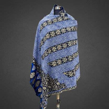Royal Blue & Navy Jama Pashmina Shawl — Gold Wave Band Embroidery
