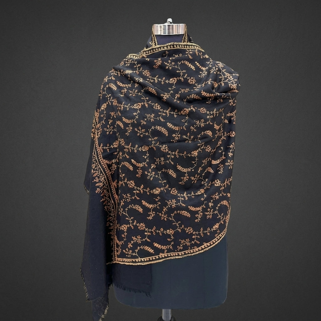 Black Jama Pashmina Stole — Full Gold Embroidered Floral Vine