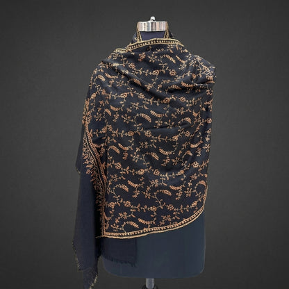 Black Jama Pashmina Stole — Full Gold Embroidered Floral Vine