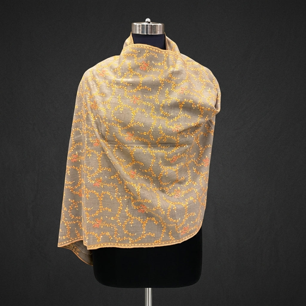 Greige Jama Pashmina Stole — Full Embroidered Floral Vine