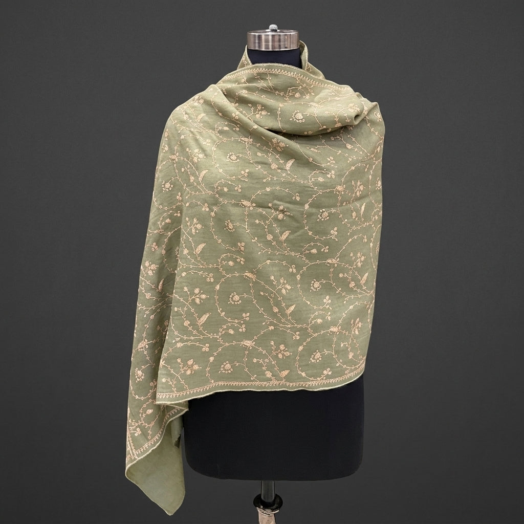 Sage Green Jali Sozni Pashmina Stole — Ivory Vine Embroidery