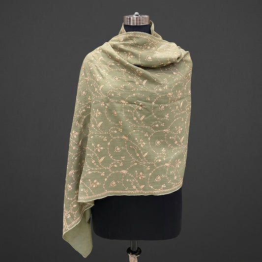 Sage Green Jali Sozni Pashmina Stole — Ivory Vine Embroidery