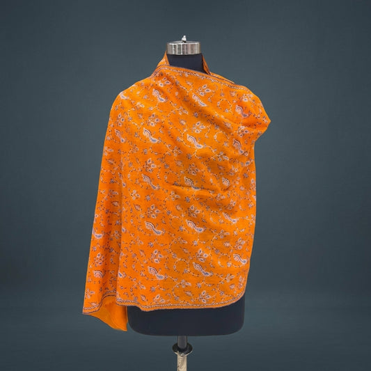 Warm Saffron Orange Jali Pashmina Stole — Hand-Embroidered Paisley