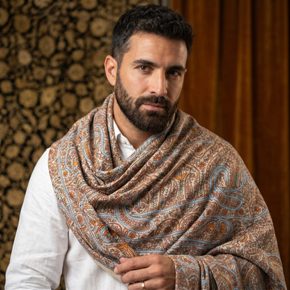 Cream Kalamkari Pashmina Shawl — Terracotta, Blue & Amber Grand Paisley