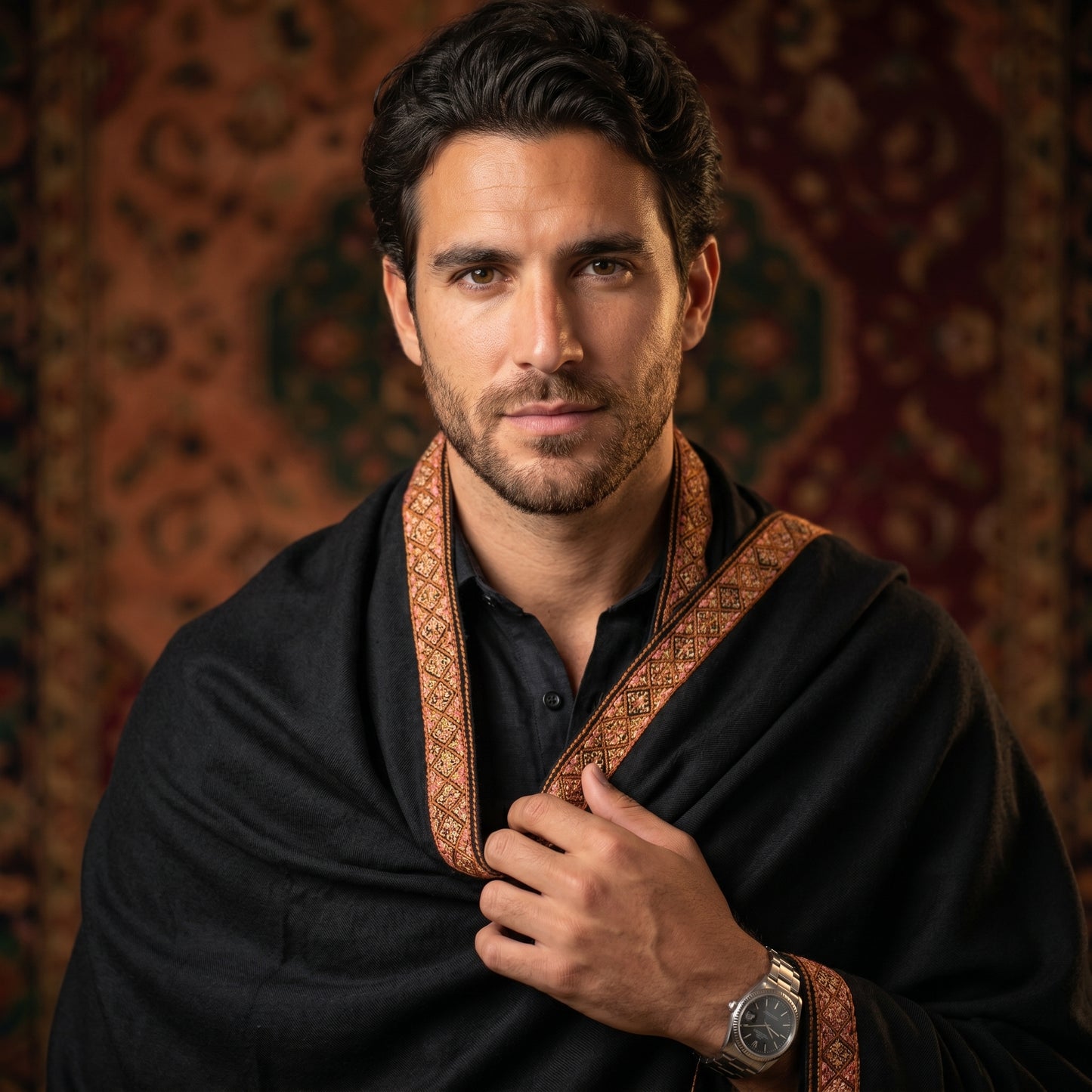 Jet Black Men's Pashmina Shawl — Amber & Pink Sozni Border