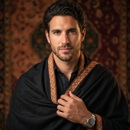 Jet Black Men's Pashmina Shawl — Amber & Pink Sozni Border