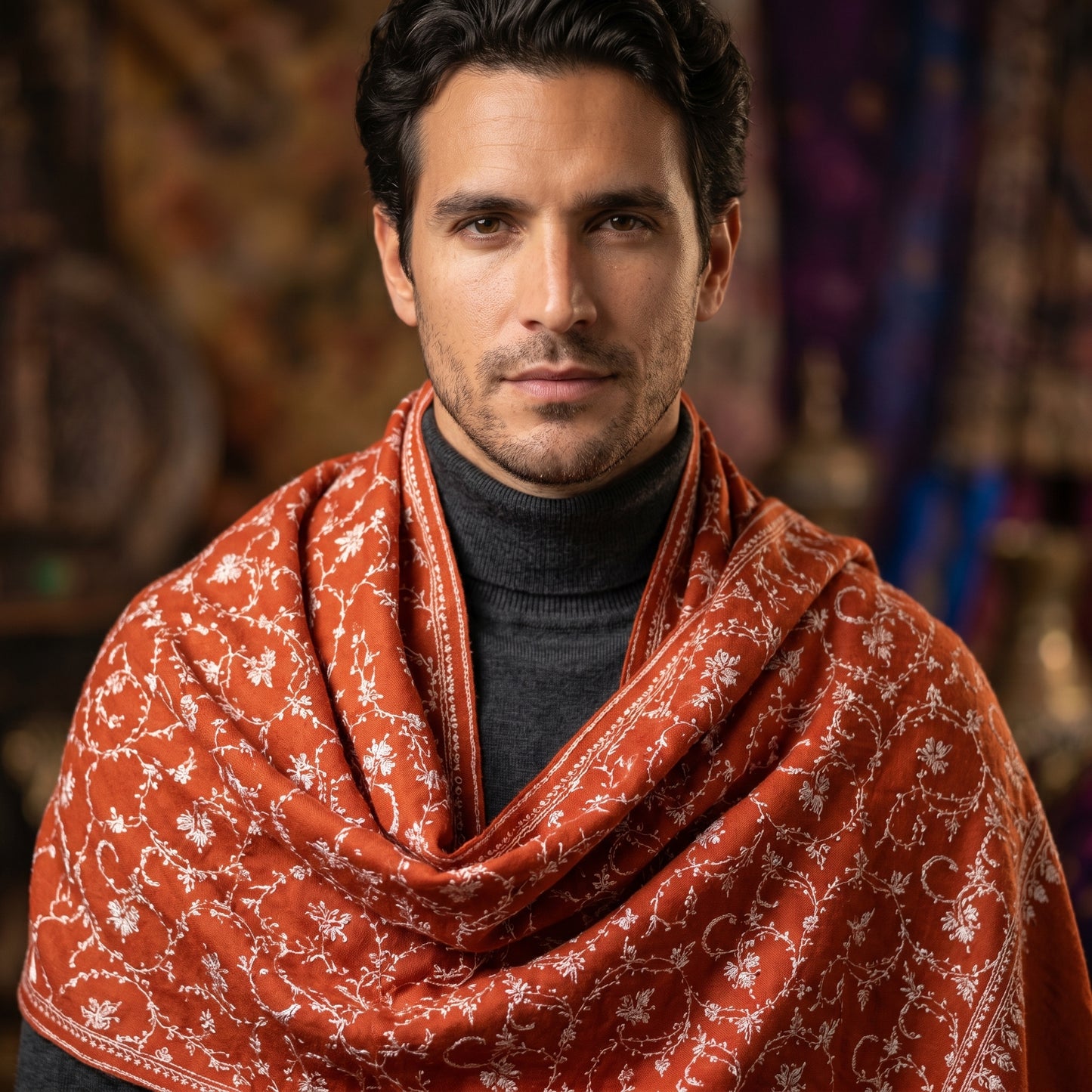Burnt Terracotta Jama Pashmina Stole — Ivory Full Floral Vine Embroidery