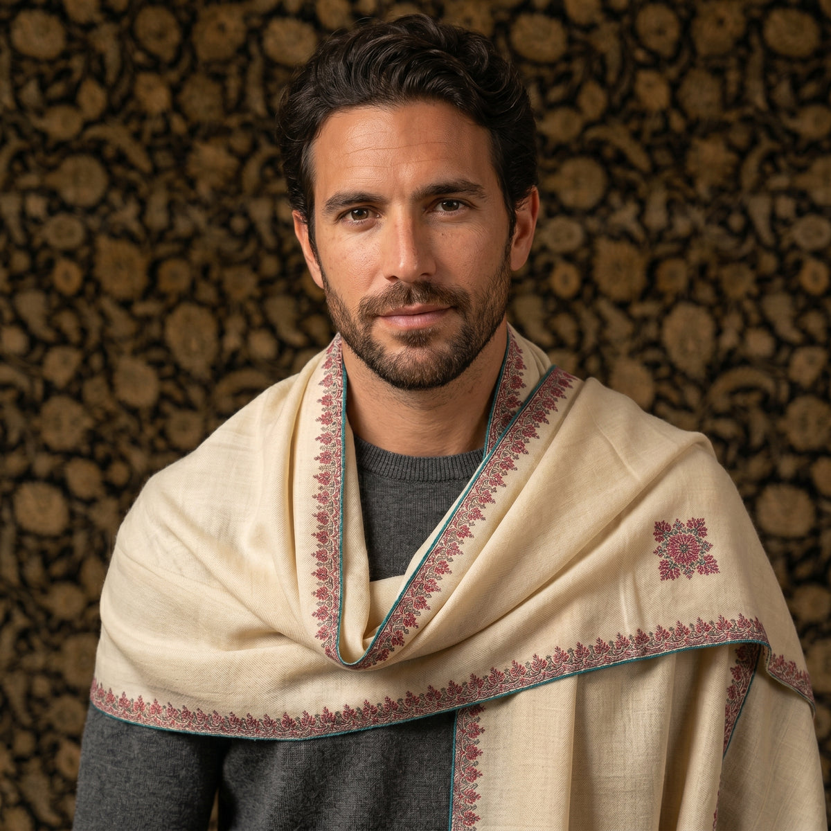 Natural Ivory Pashmina Stole — Crimson & Teal Sozni Floral Border
