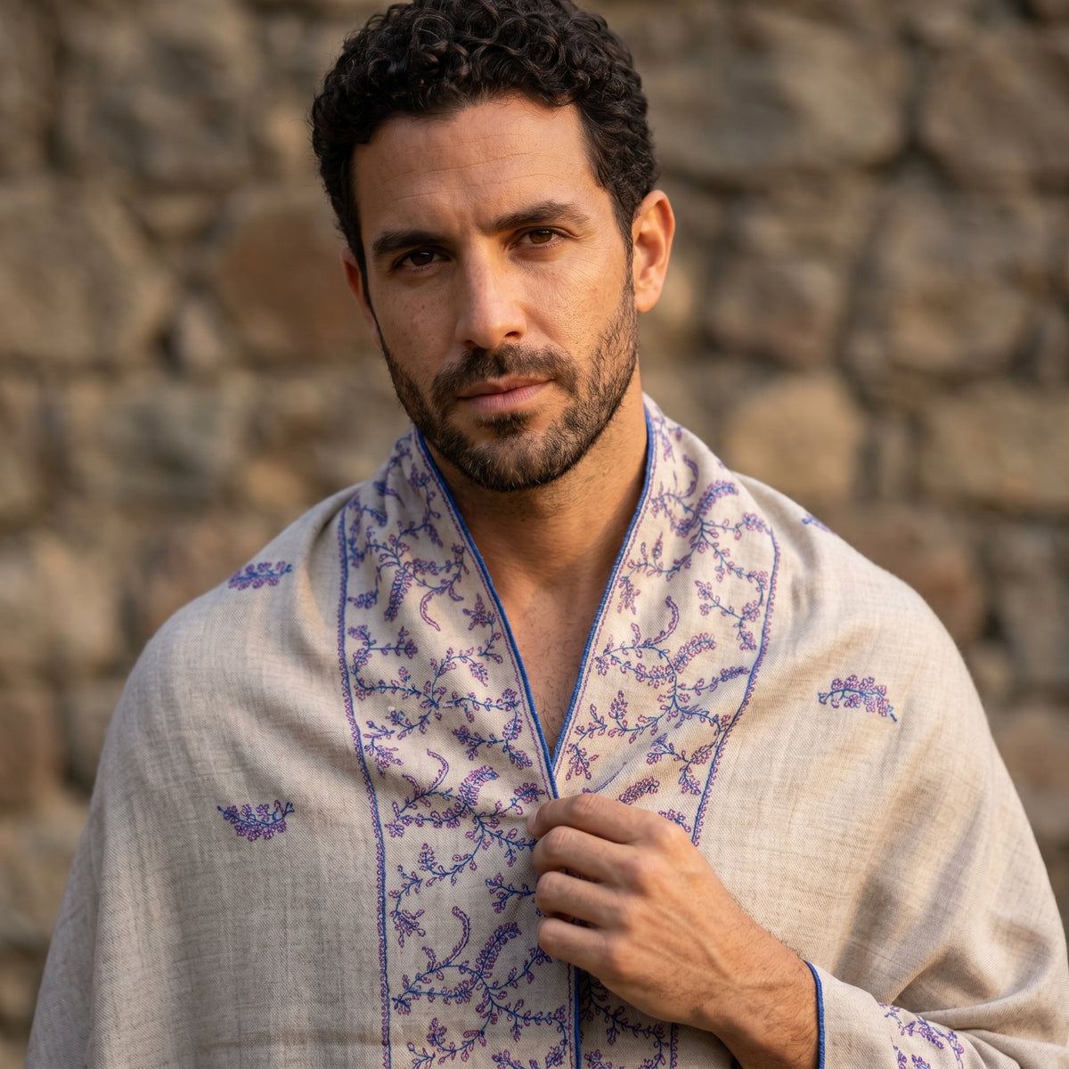 Off-White Jali Pashmina Stole — Periwinkle Blue & Coral Botanical Embroidery