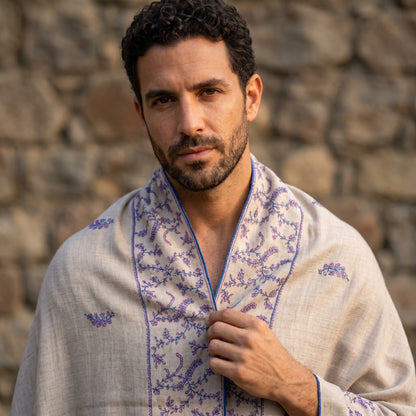 Off-White Jali Pashmina Stole — Periwinkle Blue & Coral Botanical Embroidery