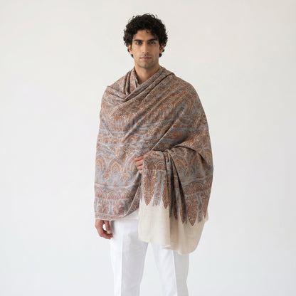 Cream Kalamkari Pashmina Shawl — Terracotta, Blue & Amber Grand Paisley