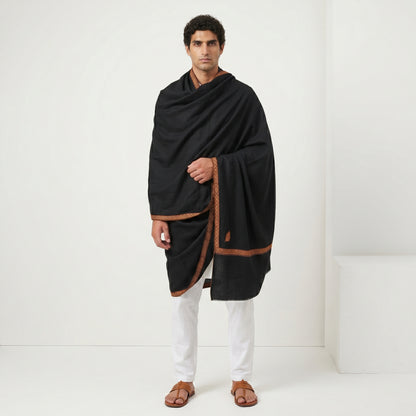 Jet Black Men's Pashmina Shawl — Amber & Pink Sozni Border