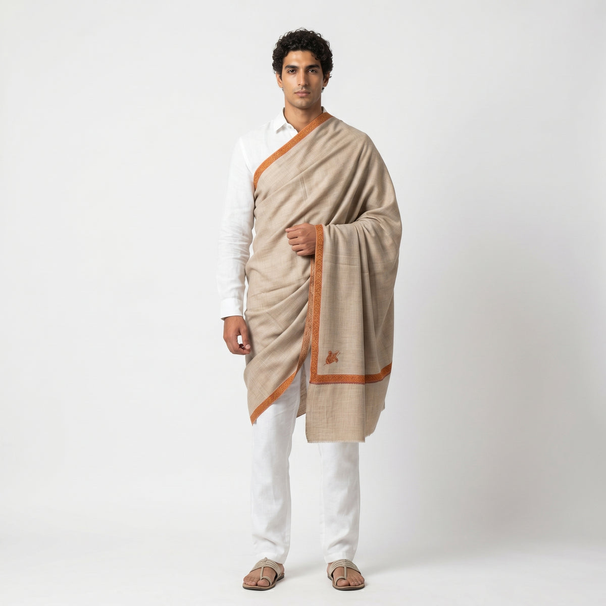 Natural Greige Men's Pashmina Shawl — Burnt Orange & Gold Sozni Border