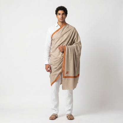 Natural Greige Men's Pashmina Shawl — Burnt Orange & Gold Sozni Border