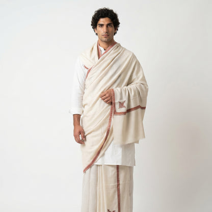 Pure White Pashmina Shawl — Crimson & Gold Sozni Border with Paisley Buti