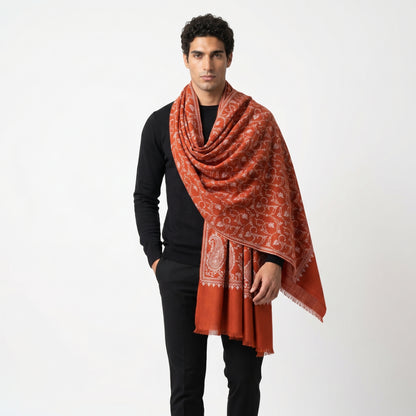 Burnt Terracotta Jama Pashmina Stole — Ivory Full Floral Vine Embroidery