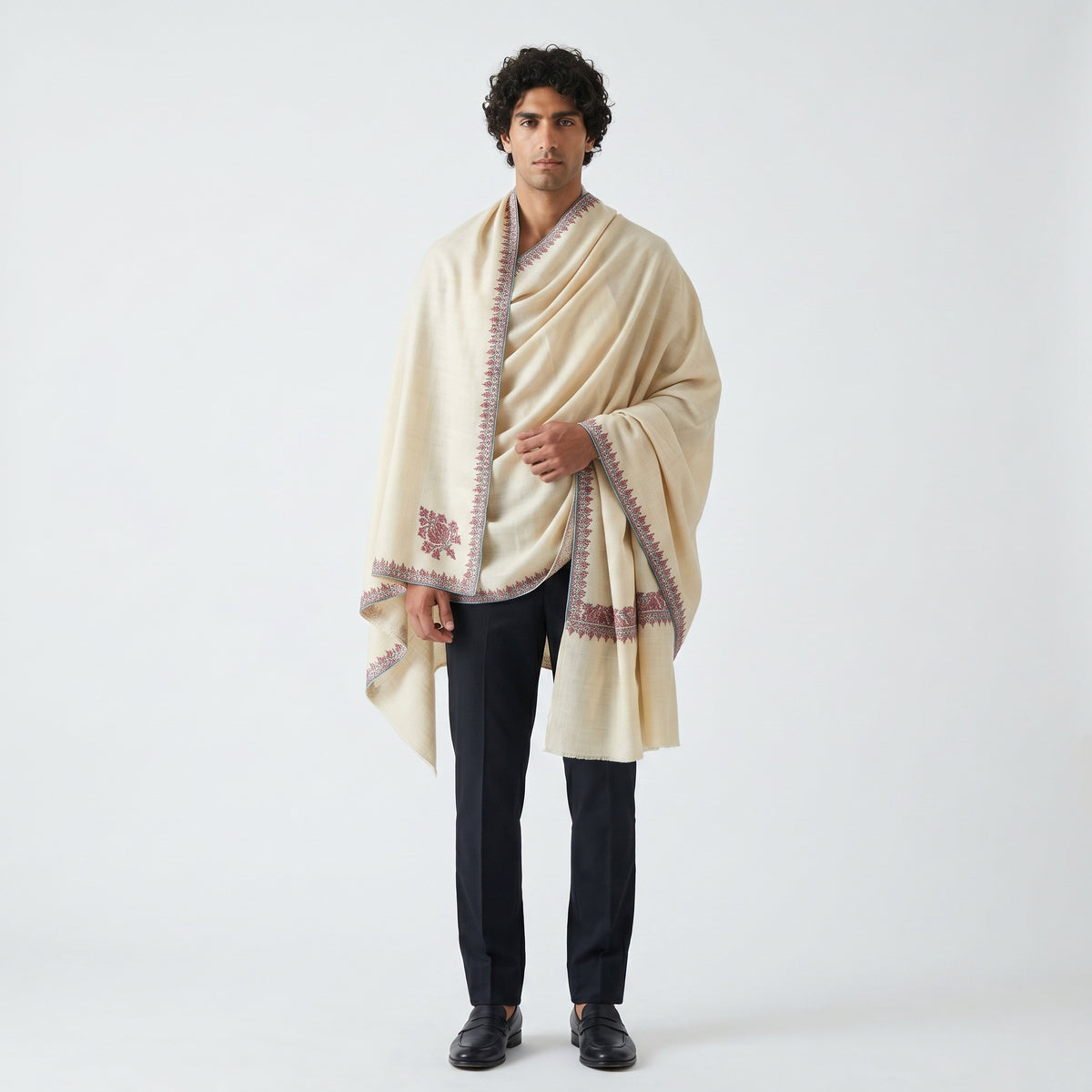 Natural Ivory Pashmina Stole — Crimson & Teal Sozni Floral Border