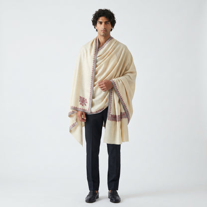Natural Ivory Pashmina Stole — Crimson & Teal Sozni Floral Border
