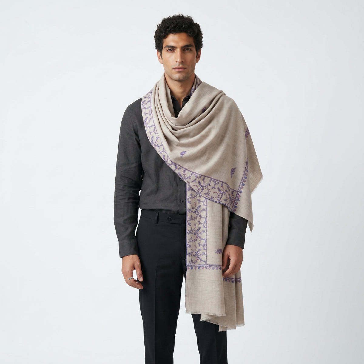 Off-White Jali Pashmina Stole — Periwinkle Blue & Coral Botanical Embroidery