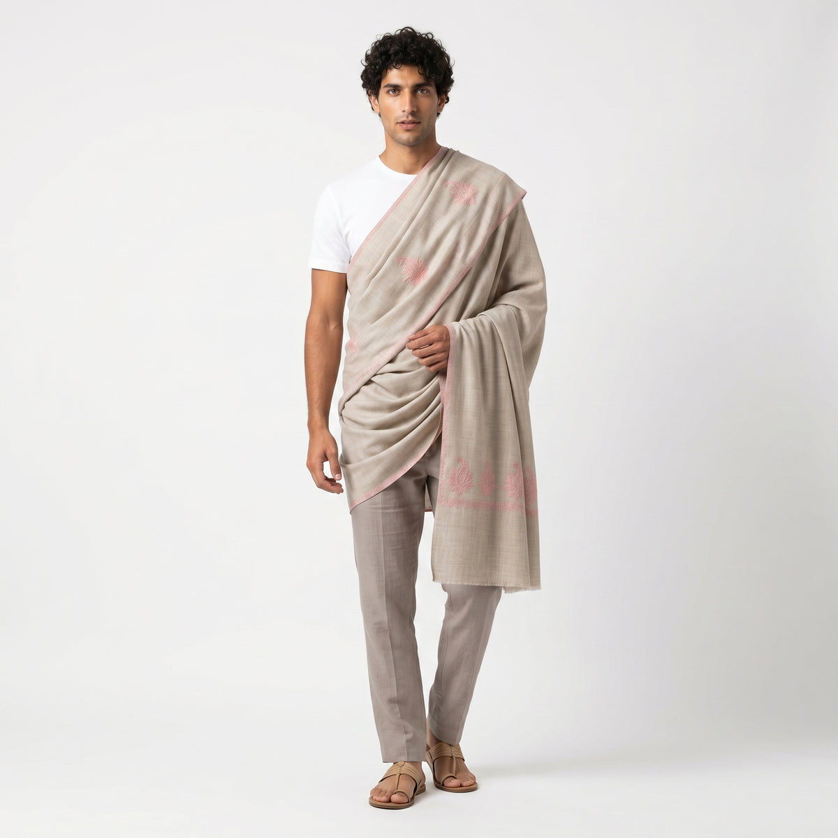 Silver Grey Pashmina Stole — Sozni Booti & Dourdar Border in Rose Pink