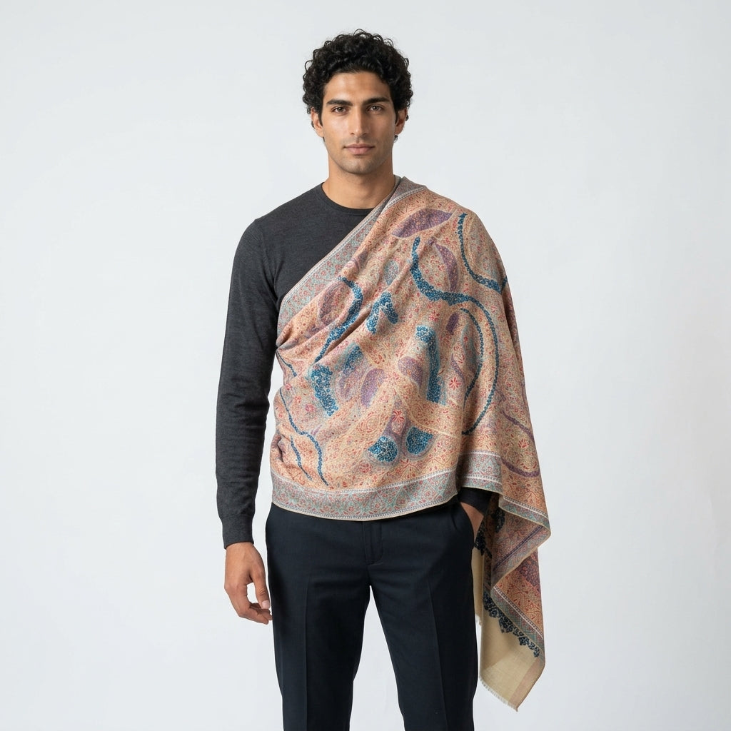 Cream Kani Jamawar Pashmina Shawl — Multicolour All-Over Paisley Weave