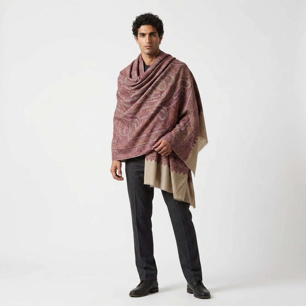 Reversible Sage Green & Mauve Jama Pashmina Shawl — Grand Paisley Jamawar