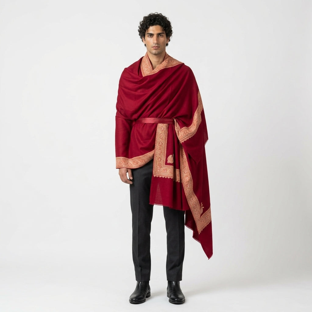 Crimson Handloom Pashmina Shawl — Gold & Coral Embroidered Border