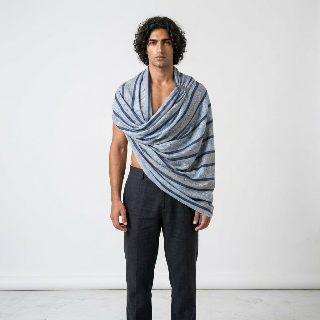 Steel Blue Striped Pashmina Shawl — Ivory Paisley Booti Embroidery