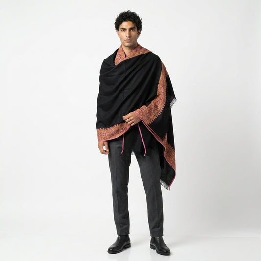 Jet Black Pashmina Shawl — Multicolour Sozni Embroidered Border
