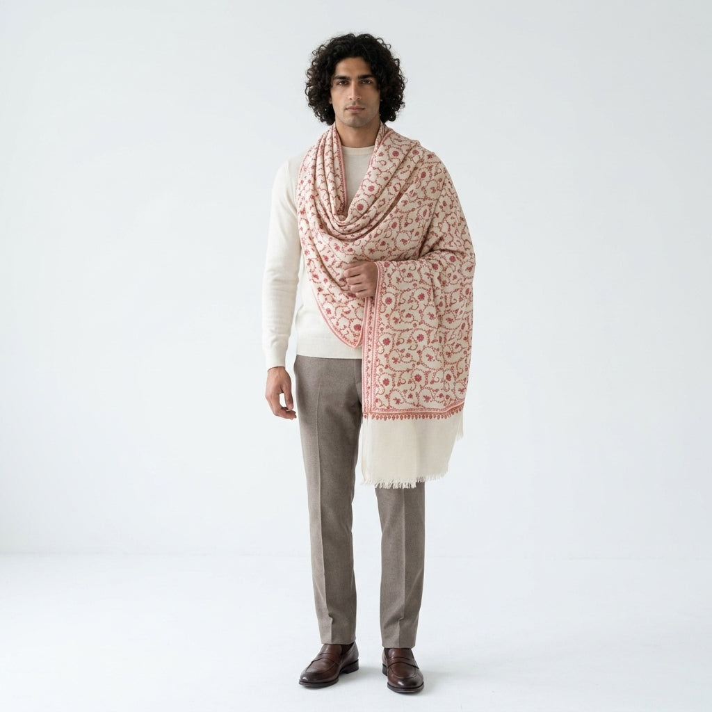 Ivory Jali Pashmina Shawl — Coral, Pink & Amber Full Floral Vine Embroidery
