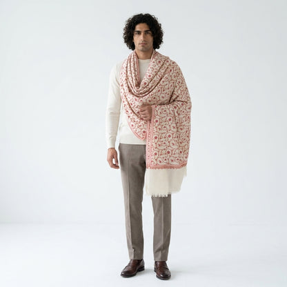 Ivory Jali Pashmina Shawl — Coral, Pink & Amber Full Floral Vine Embroidery