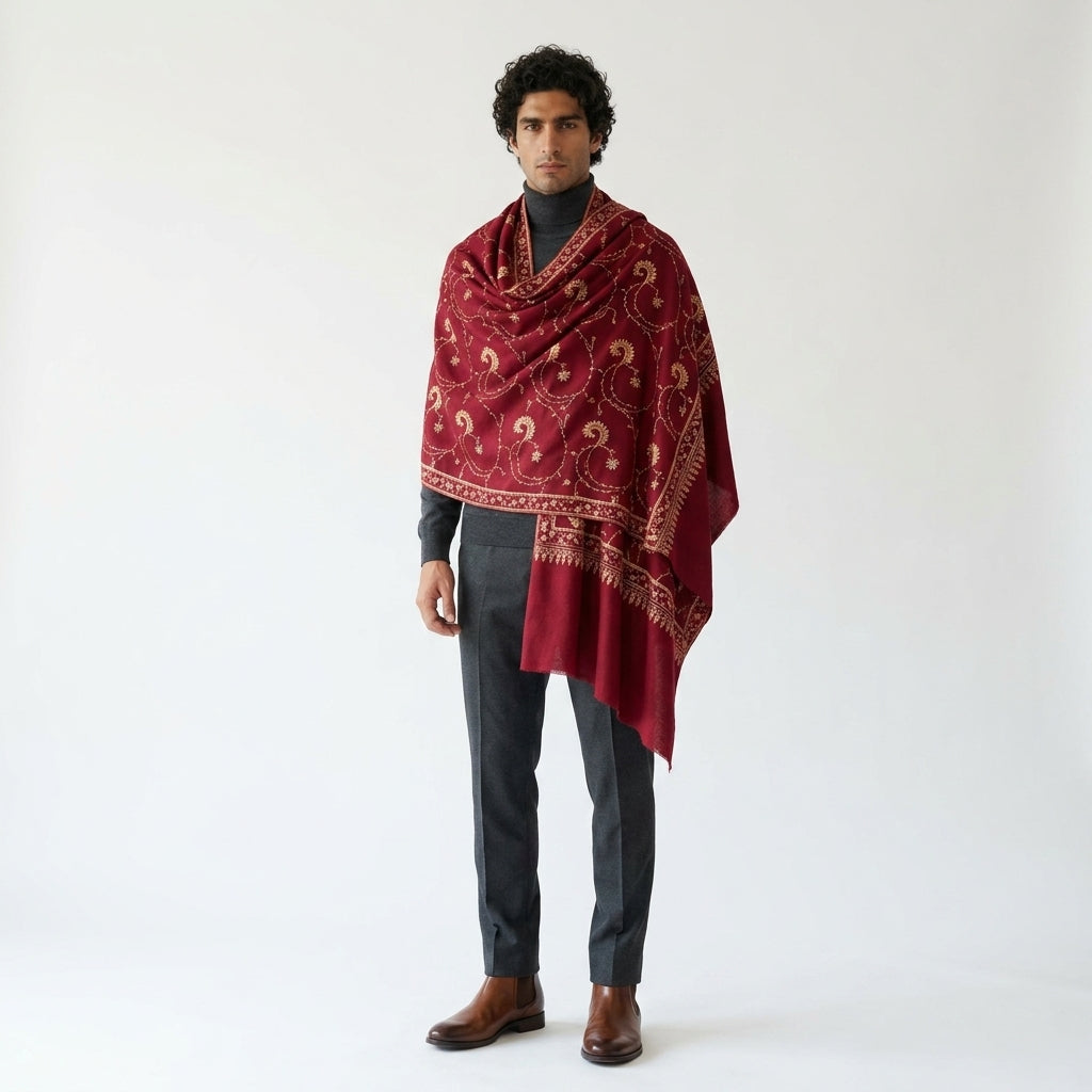 Burgundy Jali Pashmina Shawl — Gold & Silver Spiral Vine Embroidery