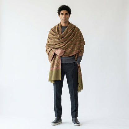 Olive Green Jama Pashmina Stole — Rose Pink Full Floral Vine Embroidery