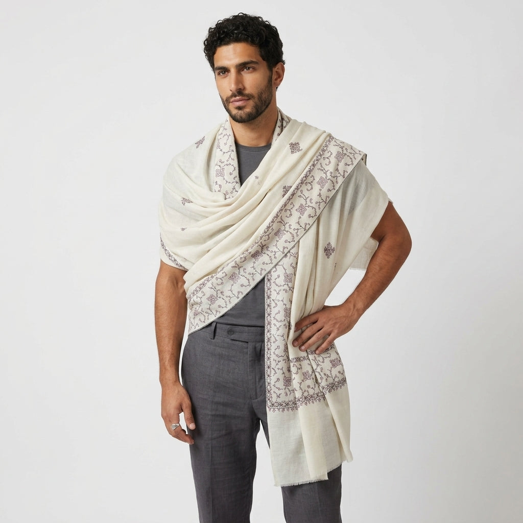 White Jali Pashmina Stole — Black & Blush Pink Floral Booti Embroidery