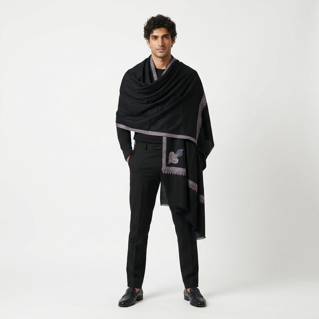 Midnight Black Pashmina Stole — Royal Blue & Gold Paisley Border