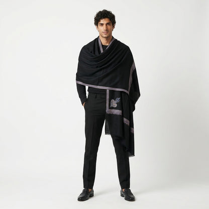 Midnight Black Pashmina Stole — Royal Blue & Gold Paisley Border