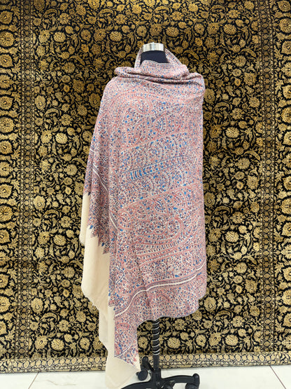 Ivory Sozni Jamawar Pashmina Shawl — All-Over Blue & Burgundy Paisley