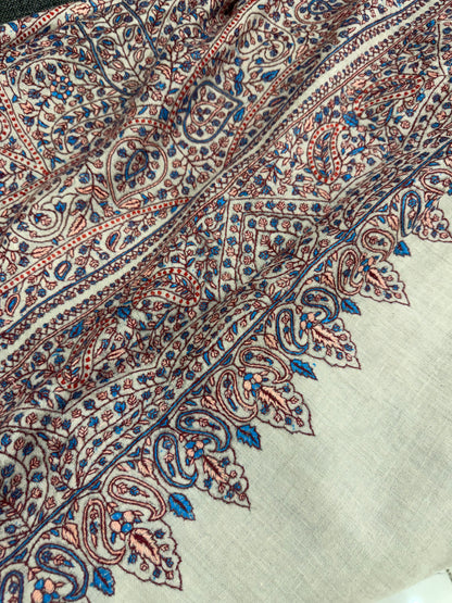 Ivory Sozni Jamawar Pashmina Shawl — All-Over Blue & Burgundy Paisley