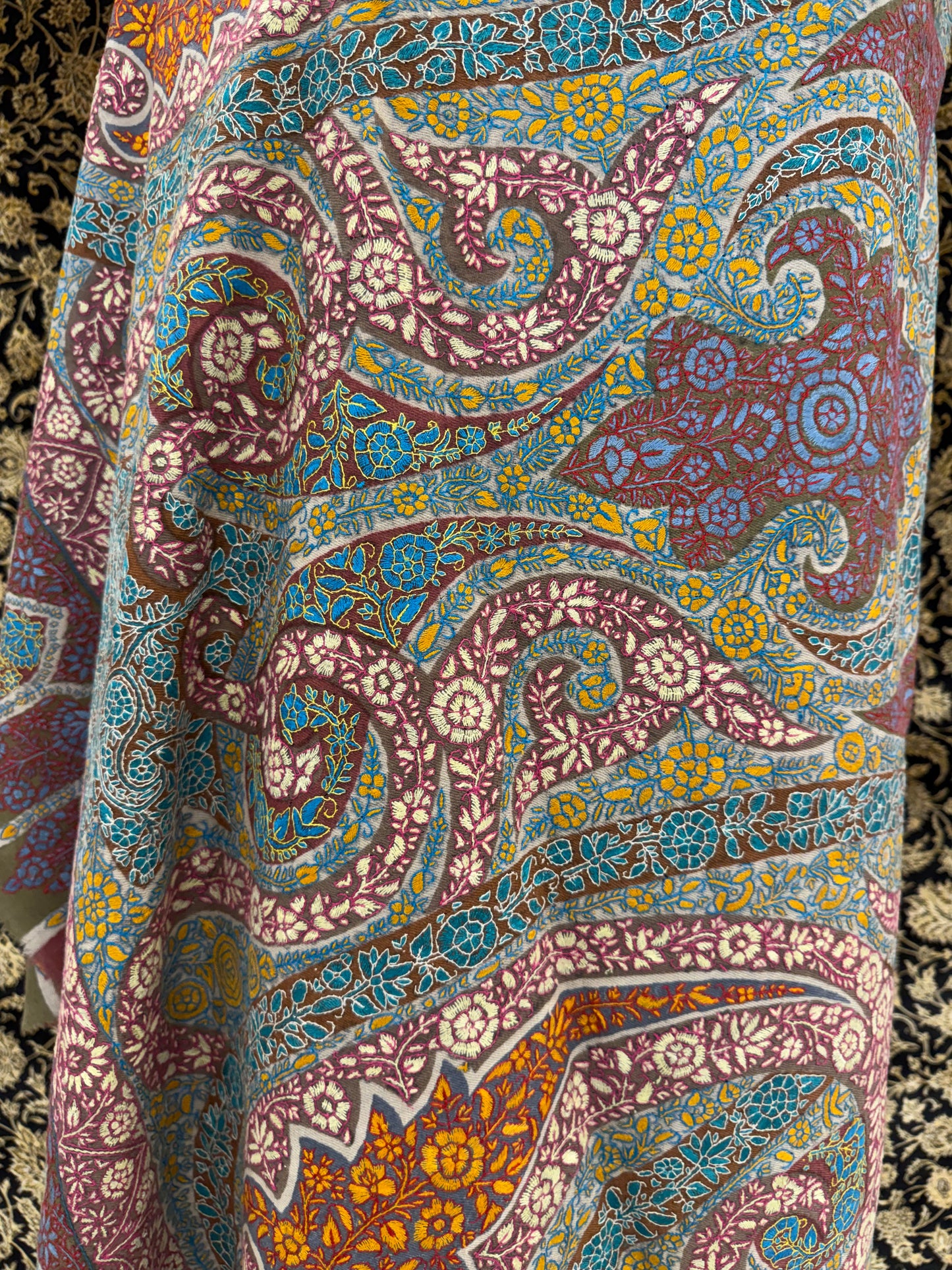 Mauve Kalamkari Toosh Shawl — Multi-Colour Grand Paisley Embroidery