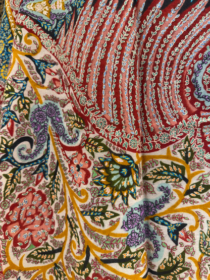Ivory Kalamkari Pashmina Shawl — Grand Multi-Colour Paisley & Floral Embroidery