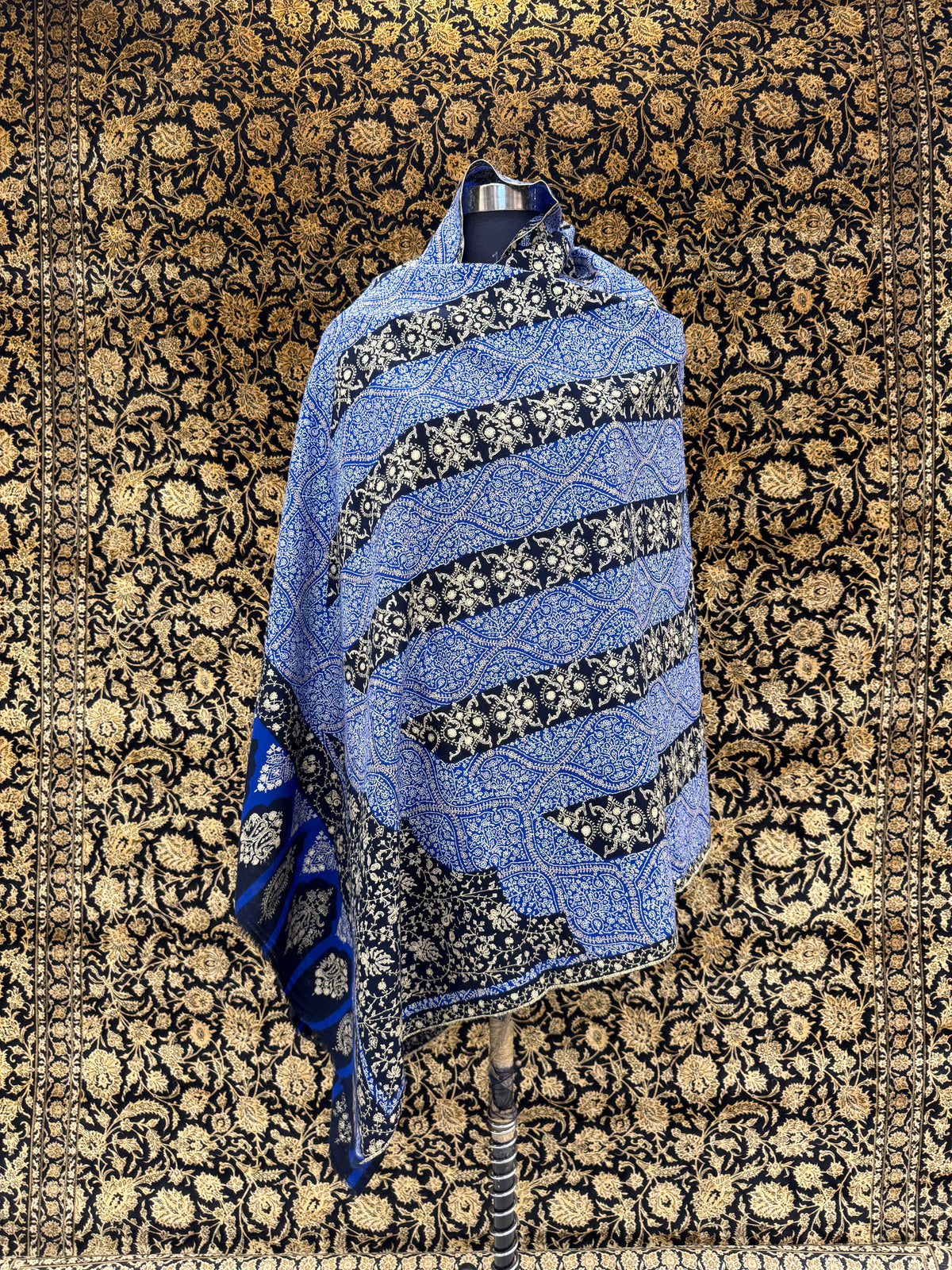 Royal Blue & Navy Jama Pashmina Shawl — Gold Wave Band Embroidery