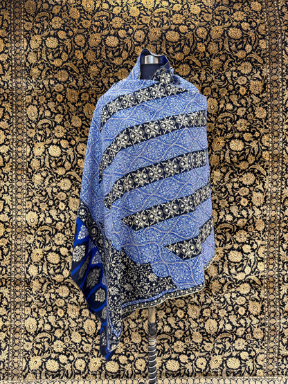 Royal Blue & Navy Jama Pashmina Shawl — Gold Wave Band Embroidery