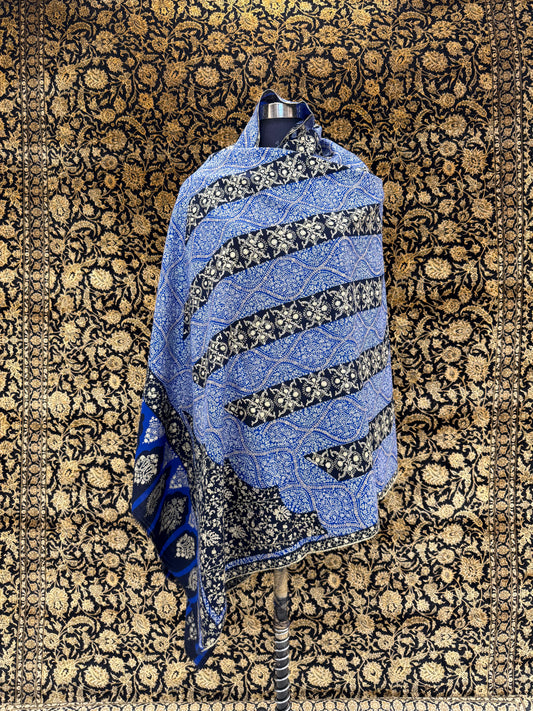 Royal Blue & Navy Jama Pashmina Shawl — Gold Wave Band Embroidery