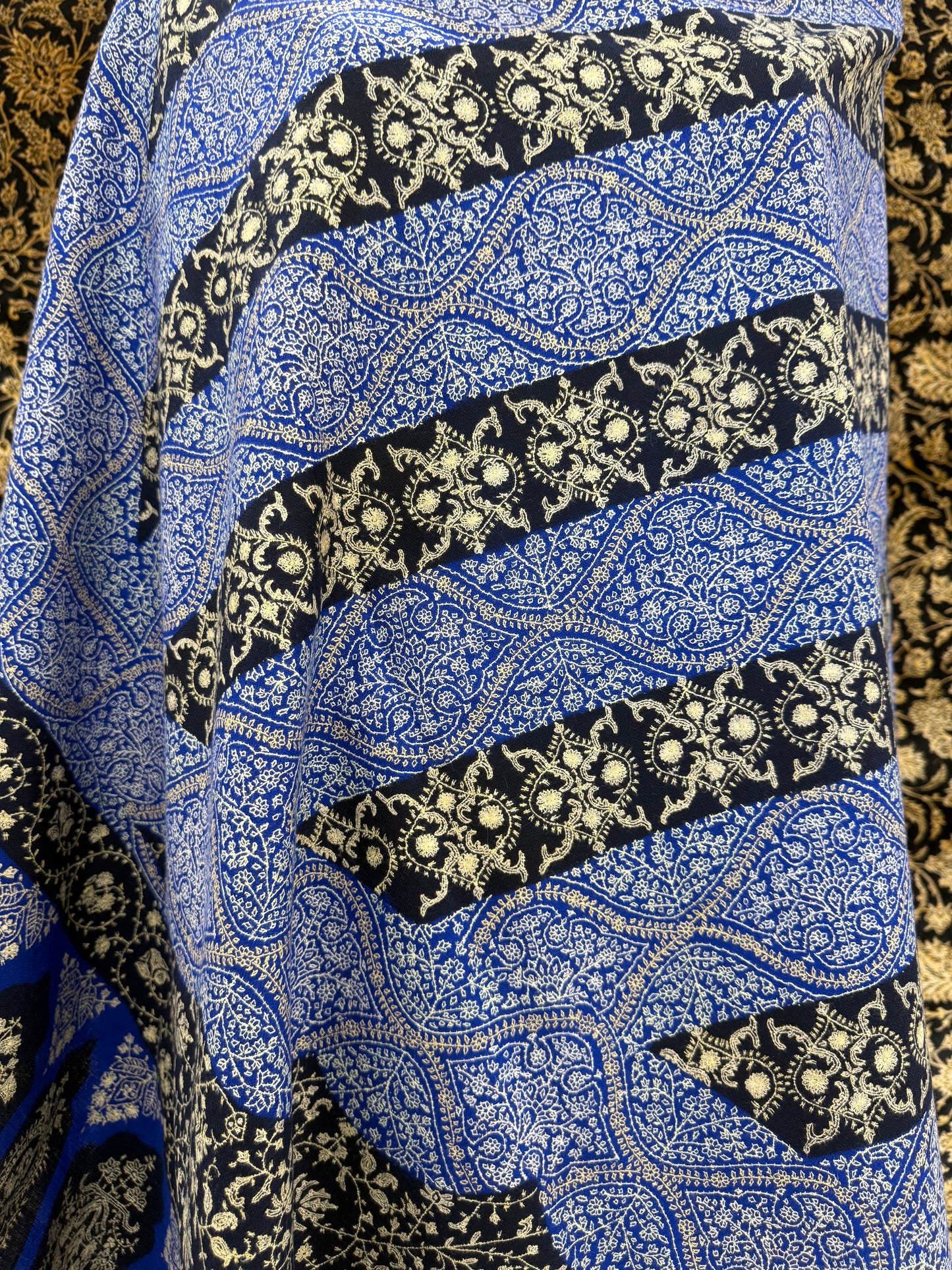 Royal Blue & Navy Jama Pashmina Shawl — Gold Wave Band Embroidery