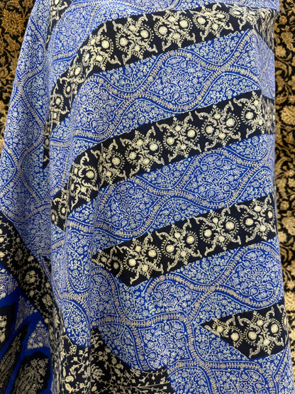 Royal Blue & Navy Jama Pashmina Shawl — Gold Wave Band Embroidery