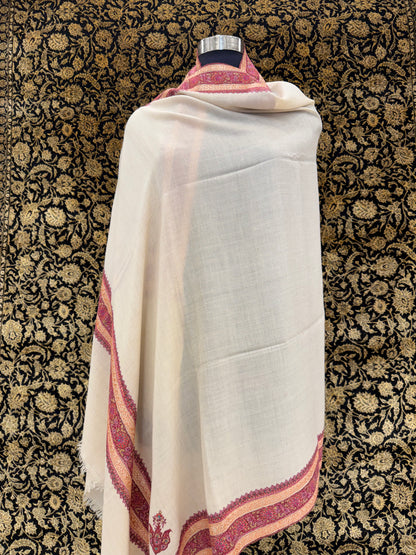 White Handloom Pashmina Shawl — Magenta, Orange & Gold Sozni Border