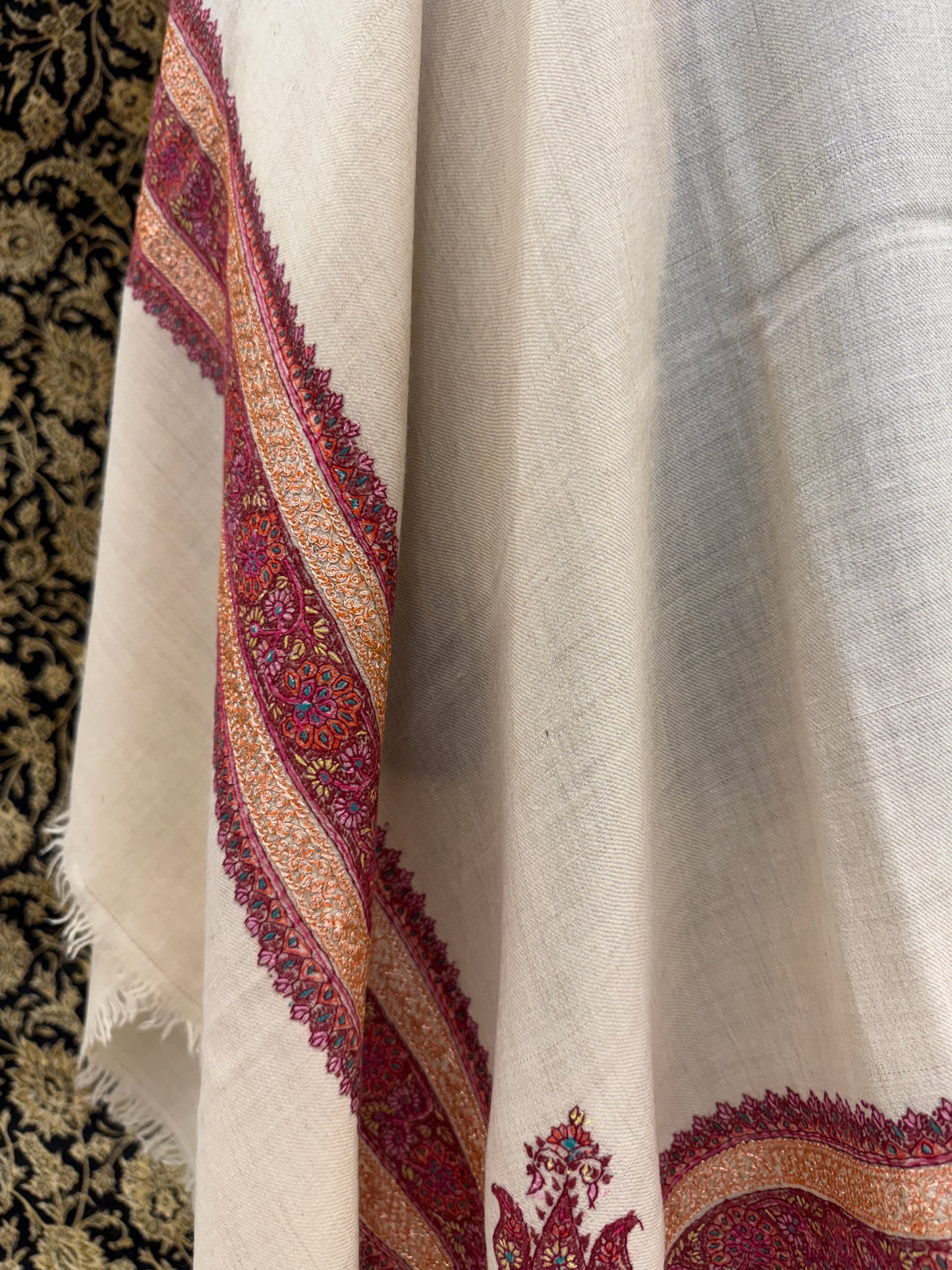 White Handloom Pashmina Shawl — Magenta, Orange & Gold Sozni Border